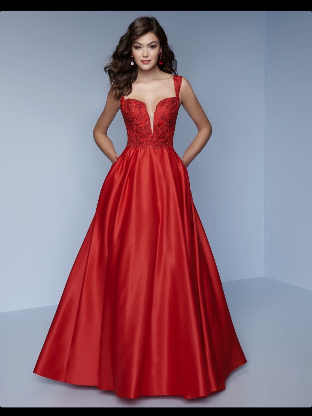 Splash Red Lace Bodice Satin Ball Gown